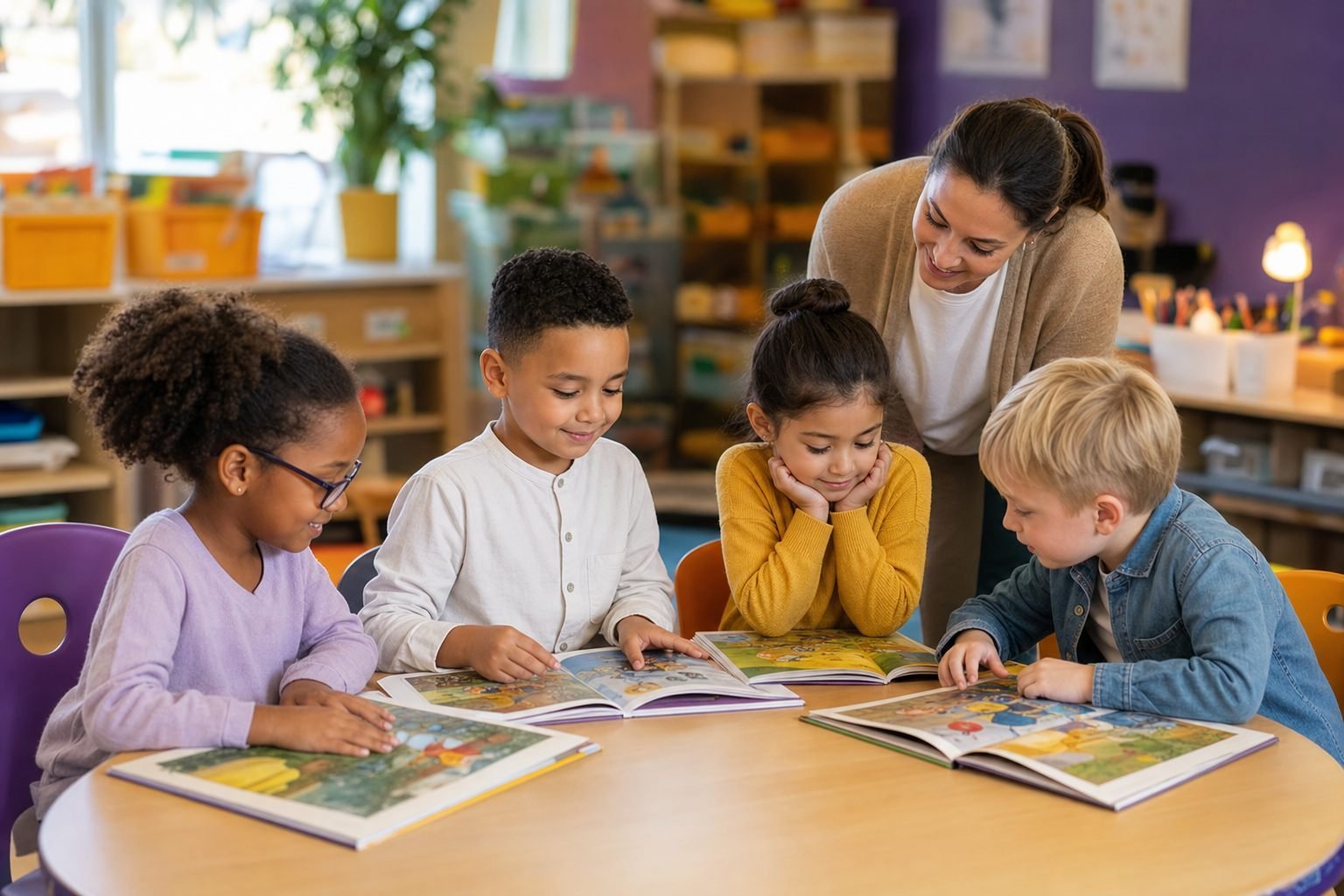 Children reading together with a teacher at a classroom table